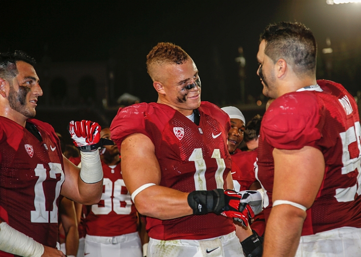 130907-Stanford-SanJose-022.JPG - Sept.7, 2013; Stanford, CA, USA; Stanford Cardinal inside linebacker Shayne Skov (11) and offensive guard David Yankey (54) following game against the San Jose State Spartans at  Stanford Stadium. Stanford defeated San Jose State 34-13.